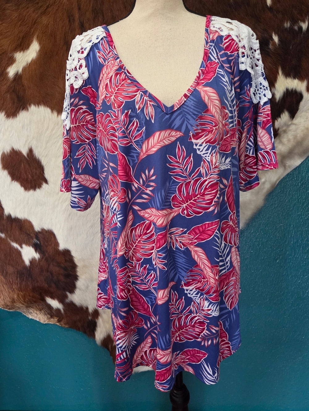 Women’s V-Neck Floral Blouse with Crochet Shoulders - Blue & Pink